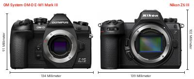 Größenvergleich: OM System OM-D E-M1 Mark III vs. Nikon Z6 III Größenvergleich: OM System OM-D E-M1 Mark III vs. Nikon Z6 III