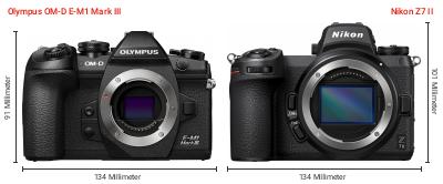 Größenvergleich: OM System OM-D E-M1 Mark III vs. Nikon Z7 II Größenvergleich: OM System OM-D E-M1 Mark III vs. Nikon Z7 II