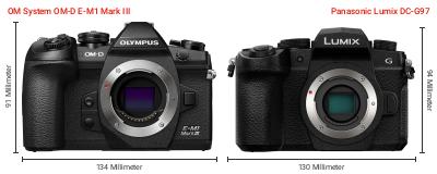 Größenvergleich: OM System OM-D E-M1 Mark III vs. Panasonic Lumix DC-G97 Größenvergleich: OM System OM-D E-M1 Mark III vs. Panasonic Lumix DC-G97