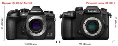 Größenvergleich: OM System OM-D E-M1 Mark III vs. Panasonic Lumix DC-GH5 II Größenvergleich: OM System OM-D E-M1 Mark III vs. Panasonic Lumix DC-GH5 II