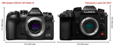 Größenvergleich: OM System OM-D E-M1 Mark III vs. Panasonic Lumix DC-GH7 Größenvergleich: OM System OM-D E-M1 Mark III vs. Panasonic Lumix DC-GH7
