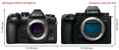 Größenvergleich: OM System OM-D E-M1 Mark III vs. Panasonic Lumix DC-S5 II