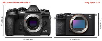 Größenvergleich: OM System OM-D E-M1 Mark III vs. Sony Alpha 7C II Größenvergleich: OM System OM-D E-M1 Mark III vs. Sony Alpha 7C II