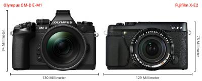 Größenvergleich: OM System OM-D E-M1 vs. Fujifilm X-E2 Größenvergleich: OM System OM-D E-M1 vs. Fujifilm X-E2