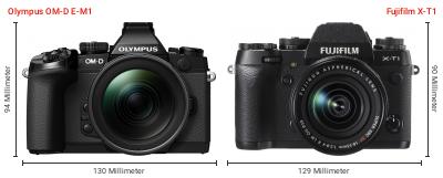Größenvergleich: OM System OM-D E-M1 vs. Fujifilm X-T1 Größenvergleich: OM System OM-D E-M1 vs. Fujifilm X-T1
