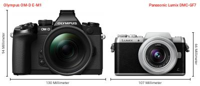 Größenvergleich: OM System OM-D E-M1 vs. Panasonic Lumix DMC-GF7 Größenvergleich: OM System OM-D E-M1 vs. Panasonic Lumix DMC-GF7