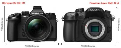Größenvergleich: OM System OM-D E-M1 vs. Panasonic Lumix DMC-GH4 Größenvergleich: OM System OM-D E-M1 vs. Panasonic Lumix DMC-GH4