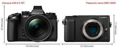 Größenvergleich: OM System OM-D E-M1 vs. Panasonic Lumix DMC-GX80 Größenvergleich: OM System OM-D E-M1 vs. Panasonic Lumix DMC-GX80