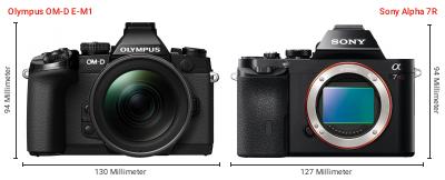 Größenvergleich: OM System OM-D E-M1 vs. Sony Alpha 7R Größenvergleich: OM System OM-D E-M1 vs. Sony Alpha 7R