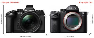 Größenvergleich: OM System OM-D E-M1 vs. Sony Alpha 7S II Größenvergleich: OM System OM-D E-M1 vs. Sony Alpha 7S II