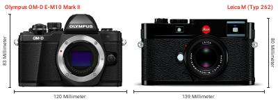 Größenvergleich: OM System OM-D E-M10 Mark II vs. Leica M (Typ 262) Größenvergleich: OM System OM-D E-M10 Mark II vs. Leica M (Typ 262)