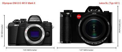 Größenvergleich: OM System OM-D E-M10 Mark II vs. Leica SL (Typ 601) Größenvergleich: OM System OM-D E-M10 Mark II vs. Leica SL (Typ 601)