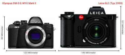 Größenvergleich: OM System OM-D E-M10 Mark II vs. Leica SL2 (Typ 2998) Größenvergleich: OM System OM-D E-M10 Mark II vs. Leica SL2 (Typ 2998)
