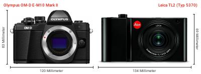 Größenvergleich: OM System OM-D E-M10 Mark II vs. Leica TL2 (Typ 5370) Größenvergleich: OM System OM-D E-M10 Mark II vs. Leica TL2 (Typ 5370)