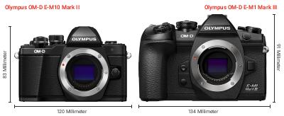 Größenvergleich: OM System OM-D E-M10 Mark II vs. OM System OM-D E-M1 Mark III Größenvergleich: OM System OM-D E-M10 Mark II vs. OM System OM-D E-M1 Mark III