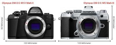 Größenvergleich: OM System OM-D E-M10 Mark II vs. OM System OM-D E-M5 Mark III Größenvergleich: OM System OM-D E-M10 Mark II vs. OM System OM-D E-M5 Mark III
