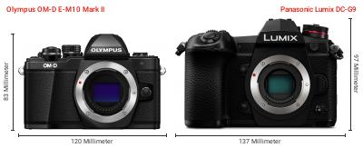 Größenvergleich: OM System OM-D E-M10 Mark II vs. Panasonic Lumix DC-G9 Größenvergleich: OM System OM-D E-M10 Mark II vs. Panasonic Lumix DC-G9