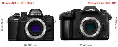 Größenvergleich: OM System OM-D E-M10 Mark II vs. Panasonic Lumix DMC-G81 Größenvergleich: OM System OM-D E-M10 Mark II vs. Panasonic Lumix DMC-G81