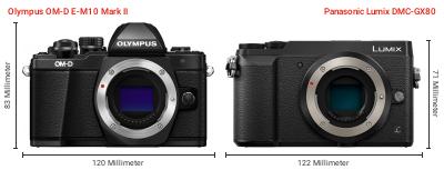 Größenvergleich: OM System OM-D E-M10 Mark II vs. Panasonic Lumix DMC-GX80 Größenvergleich: OM System OM-D E-M10 Mark II vs. Panasonic Lumix DMC-GX80