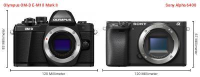 Größenvergleich: OM System OM-D E-M10 Mark II vs. Sony Alpha 6400 Größenvergleich: OM System OM-D E-M10 Mark II vs. Sony Alpha 6400