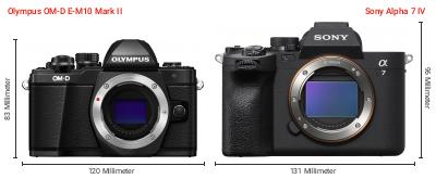 Größenvergleich: OM System OM-D E-M10 Mark II vs. Sony Alpha 7 IV Größenvergleich: OM System OM-D E-M10 Mark II vs. Sony Alpha 7 IV