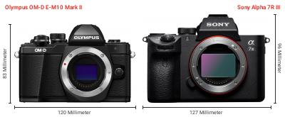 Größenvergleich: OM System OM-D E-M10 Mark II vs. Sony Alpha 7R III Größenvergleich: OM System OM-D E-M10 Mark II vs. Sony Alpha 7R III