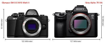 Größenvergleich: OM System OM-D E-M10 Mark II vs. Sony Alpha 7R IIIA Größenvergleich: OM System OM-D E-M10 Mark II vs. Sony Alpha 7R IIIA