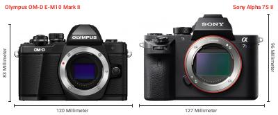 Größenvergleich: OM System OM-D E-M10 Mark II vs. Sony Alpha 7S II Größenvergleich: OM System OM-D E-M10 Mark II vs. Sony Alpha 7S II