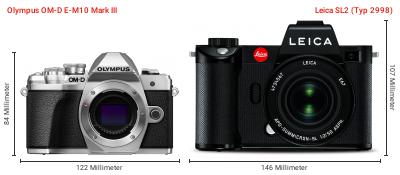 Größenvergleich: OM System OM-D E-M10 Mark III vs. Leica SL2 (Typ 2998) Größenvergleich: OM System OM-D E-M10 Mark III vs. Leica SL2 (Typ 2998)