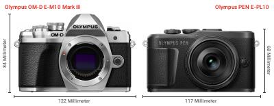 Größenvergleich: OM System OM-D E-M10 Mark III vs. OM System PEN E-PL10 Größenvergleich: OM System OM-D E-M10 Mark III vs. OM System PEN E-PL10