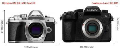 Größenvergleich: OM System OM-D E-M10 Mark III vs. Panasonic Lumix DC-G91 Größenvergleich: OM System OM-D E-M10 Mark III vs. Panasonic Lumix DC-G91