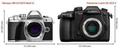 Größenvergleich: OM System OM-D E-M10 Mark III vs. Panasonic Lumix DC-GH5 II Größenvergleich: OM System OM-D E-M10 Mark III vs. Panasonic Lumix DC-GH5 II