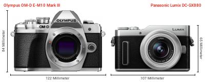 Größenvergleich: OM System OM-D E-M10 Mark III vs. Panasonic Lumix DC-GX880 Größenvergleich: OM System OM-D E-M10 Mark III vs. Panasonic Lumix DC-GX880