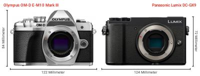 Größenvergleich: OM System OM-D E-M10 Mark III vs. Panasonic Lumix DC-GX9 Größenvergleich: OM System OM-D E-M10 Mark III vs. Panasonic Lumix DC-GX9
