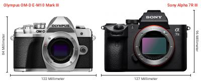 Größenvergleich: OM System OM-D E-M10 Mark III vs. Sony Alpha 7R III Größenvergleich: OM System OM-D E-M10 Mark III vs. Sony Alpha 7R III