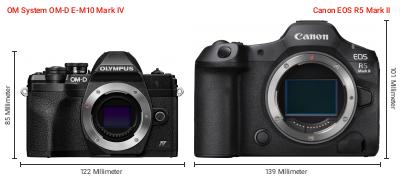 Größenvergleich: OM System OM-D E-M10 Mark IV vs. Canon EOS R5 Mark II