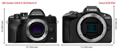 Größenvergleich: OM System OM-D E-M10 Mark IV vs. Canon EOS R50 Größenvergleich: OM System OM-D E-M10 Mark IV vs. Canon EOS R50