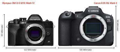 Größenvergleich: OM System OM-D E-M10 Mark IV vs. Canon EOS R6 Mark II Größenvergleich: OM System OM-D E-M10 Mark IV vs. Canon EOS R6 Mark II