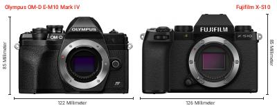 Größenvergleich: OM System OM-D E-M10 Mark IV vs. Fujifilm X-S10 Größenvergleich: OM System OM-D E-M10 Mark IV vs. Fujifilm X-S10