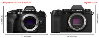 Größenvergleich: OM System OM-D E-M10 Mark IV vs. Fujifilm X-S20 Größenvergleich: OM System OM-D E-M10 Mark IV vs. Fujifilm X-S20