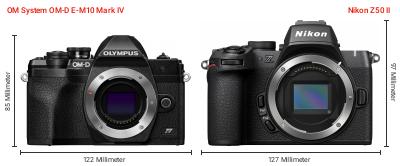 Größenvergleich: OM System OM-D E-M10 Mark IV vs. Nikon Z50 II Größenvergleich: OM System OM-D E-M10 Mark IV vs. Nikon Z50 II