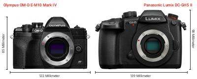 Größenvergleich: OM System OM-D E-M10 Mark IV vs. Panasonic Lumix DC-GH5 II Größenvergleich: OM System OM-D E-M10 Mark IV vs. Panasonic Lumix DC-GH5 II