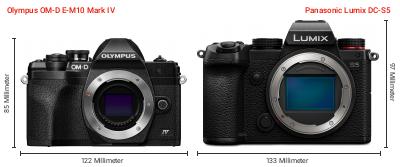 Größenvergleich: OM System OM-D E-M10 Mark IV vs. Panasonic Lumix DC-S5 Größenvergleich: OM System OM-D E-M10 Mark IV vs. Panasonic Lumix DC-S5