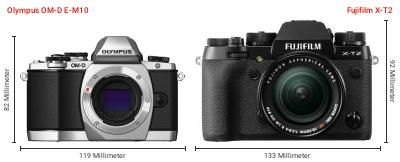 Größenvergleich: OM System OM-D E-M10 vs. Fujifilm X-T2 Größenvergleich: OM System OM-D E-M10 vs. Fujifilm X-T2