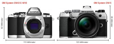 Größenvergleich: OM System OM-D E-M10 vs. OM System OM-5 Größenvergleich: OM System OM-D E-M10 vs. OM System OM-5