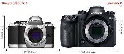 Größenvergleich: OM System OM-D E-M10 vs. Samsung NX1 Größenvergleich: OM System OM-D E-M10 vs. Samsung NX1