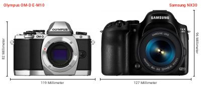 Größenvergleich: OM System OM-D E-M10 vs. Samsung NX30 Größenvergleich: OM System OM-D E-M10 vs. Samsung NX30