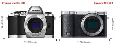 Größenvergleich: OM System OM-D E-M10 vs. Samsung NX3000 Größenvergleich: OM System OM-D E-M10 vs. Samsung NX3000