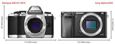 Größenvergleich: OM System OM-D E-M10 vs. Sony Alpha 6000 Größenvergleich: OM System OM-D E-M10 vs. Sony Alpha 6000