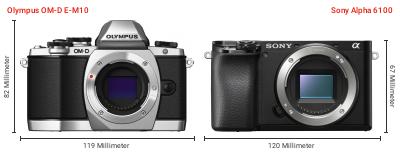 Größenvergleich: OM System OM-D E-M10 vs. Sony Alpha 6100 Größenvergleich: OM System OM-D E-M10 vs. Sony Alpha 6100